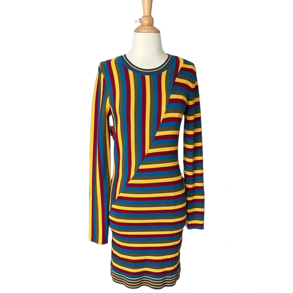 VICTOR GLEMAUD Wool Knit Sweater Dress Multi-Color Striped Retro 70s,‎ Medium